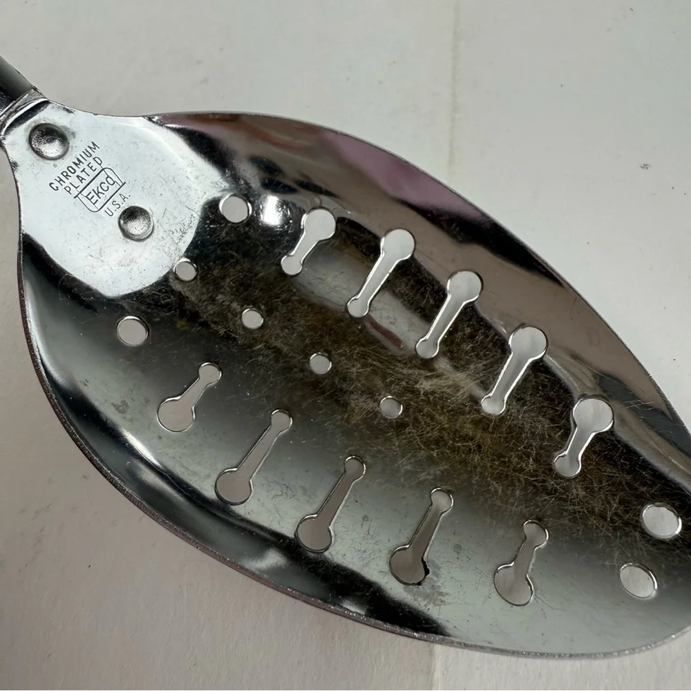 Vintage Ekco Stainless Steel Slotted Spoon Plastic Handle Kitchen Serving